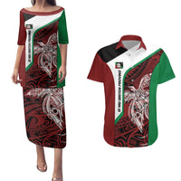 Personalised PNG East New Britain Province Couples Matching Puletasi and Hawaiian Shirt Bird of Paradise Tattoo Flag Motif - Polynesian Pride