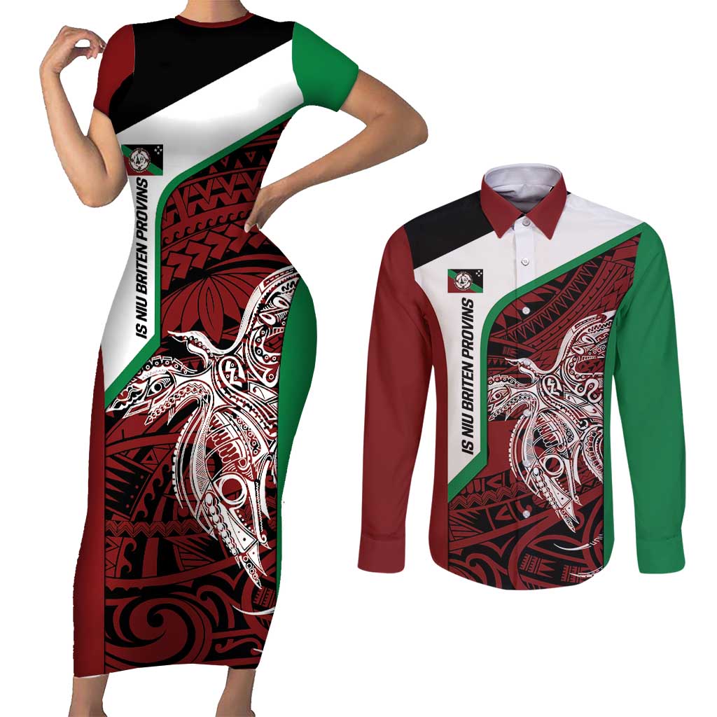 Personalised PNG East New Britain Province Couples Matching Short Sleeve Bodycon Dress and Long Sleeve Button Shirt Bird of Paradise Tattoo Flag Motif - Polynesian Pride