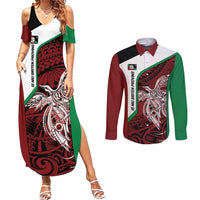 Personalised PNG East New Britain Province Couples Matching Summer Maxi Dress and Long Sleeve Button Shirt Bird of Paradise Tattoo Flag Motif - Polynesian Pride