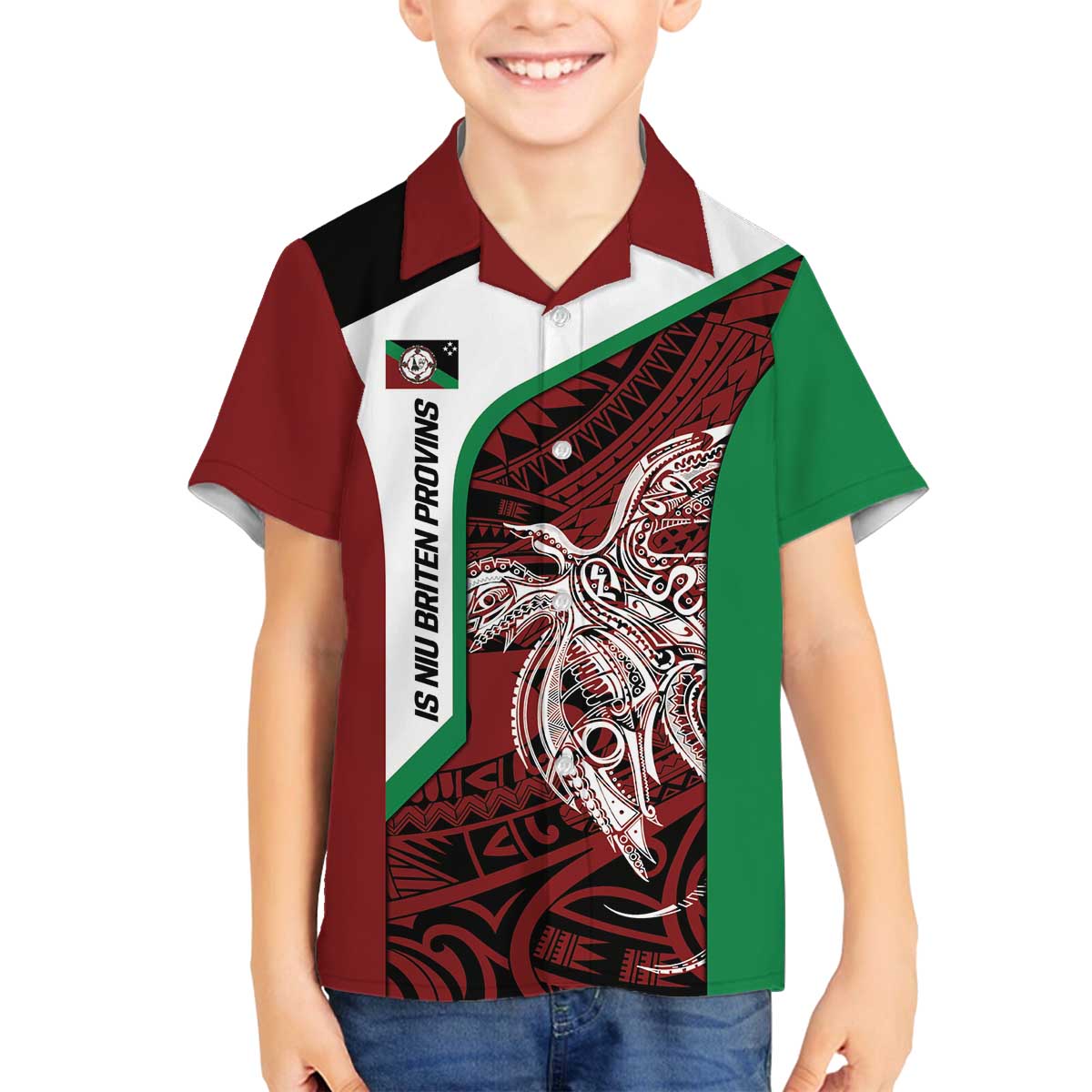 Personalised PNG East New Britain Province Family Matching Off The Shoulder Long Sleeve Dress and Hawaiian Shirt Bird of Paradise Tattoo Flag Motif - Polynesian Pride