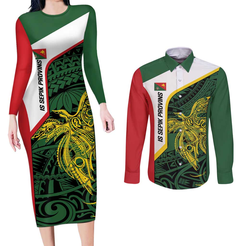 Personalised PNG East Sepik Province Couples Matching Long Sleeve Bodycon Dress and Long Sleeve Button Shirt Bird of Paradise Tattoo Flag Motif - Polynesian Pride