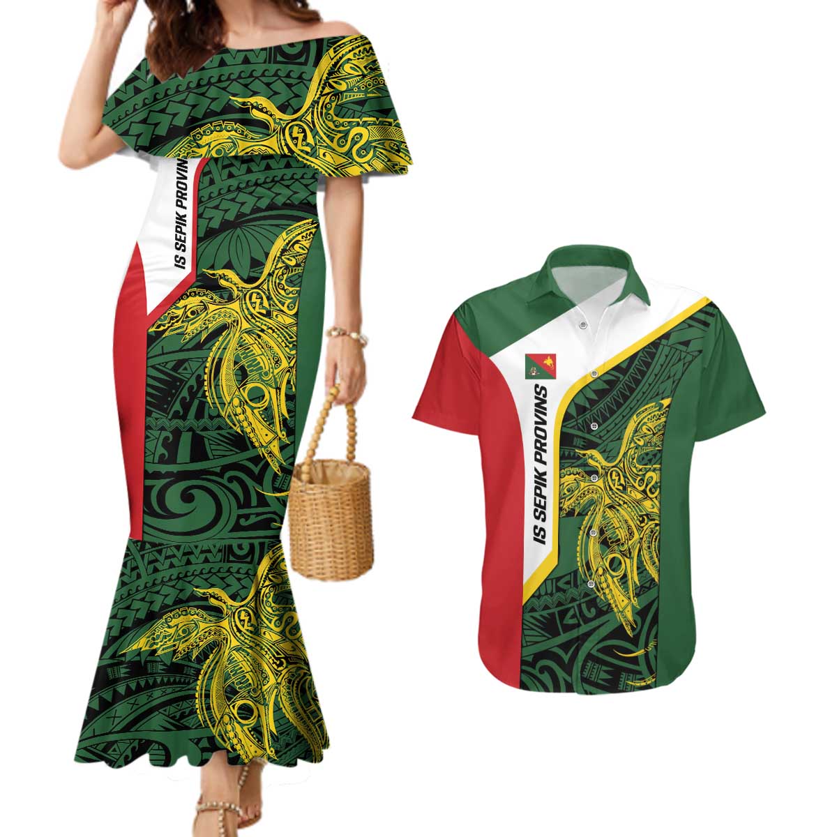 Personalised PNG East Sepik Province Couples Matching Mermaid Dress and Hawaiian Shirt Bird of Paradise Tattoo Flag Motif - Polynesian Pride