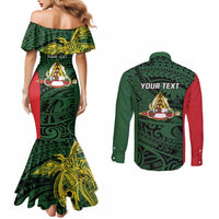 Personalised PNG East Sepik Province Couples Matching Mermaid Dress and Long Sleeve Button Shirt Bird of Paradise Tattoo Flag Motif - Polynesian Pride