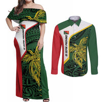 Personalised PNG East Sepik Province Couples Matching Off Shoulder Maxi Dress and Long Sleeve Button Shirt Bird of Paradise Tattoo Flag Motif - Polynesian Pride