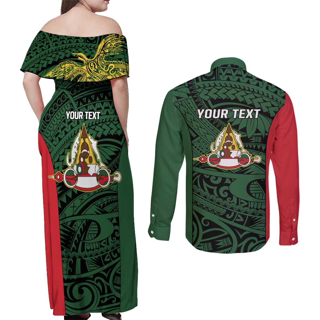 Personalised PNG East Sepik Province Couples Matching Off Shoulder Maxi Dress and Long Sleeve Button Shirt Bird of Paradise Tattoo Flag Motif - Polynesian Pride