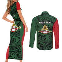 Personalised PNG East Sepik Province Couples Matching Short Sleeve Bodycon Dress and Long Sleeve Button Shirt Bird of Paradise Tattoo Flag Motif - Polynesian Pride