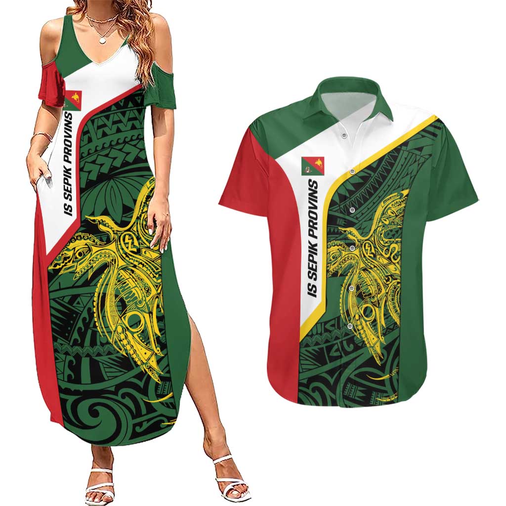 Personalised PNG East Sepik Province Couples Matching Summer Maxi Dress and Hawaiian Shirt Bird of Paradise Tattoo Flag Motif - Polynesian Pride