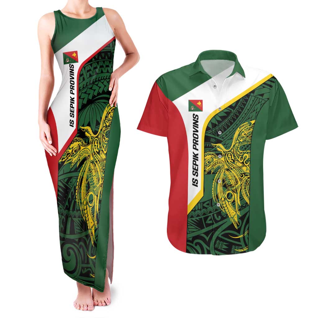 Personalised PNG East Sepik Province Couples Matching Tank Maxi Dress and Hawaiian Shirt Bird of Paradise Tattoo Flag Motif - Polynesian Pride