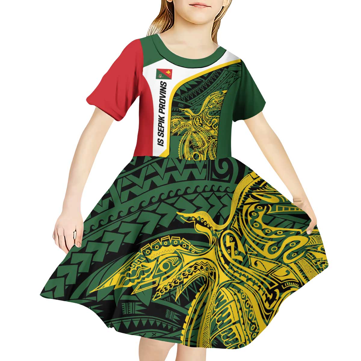 Personalised PNG East Sepik Province Kid Short Sleeve Dress Bird of Paradise Tattoo Flag Motif - Polynesian Pride
