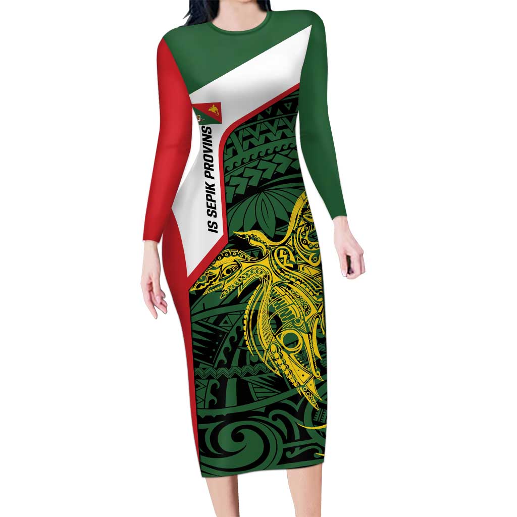 Personalised PNG East Sepik Province Long Sleeve Bodycon Dress Bird of Paradise Tattoo Flag Motif - Polynesian Pride