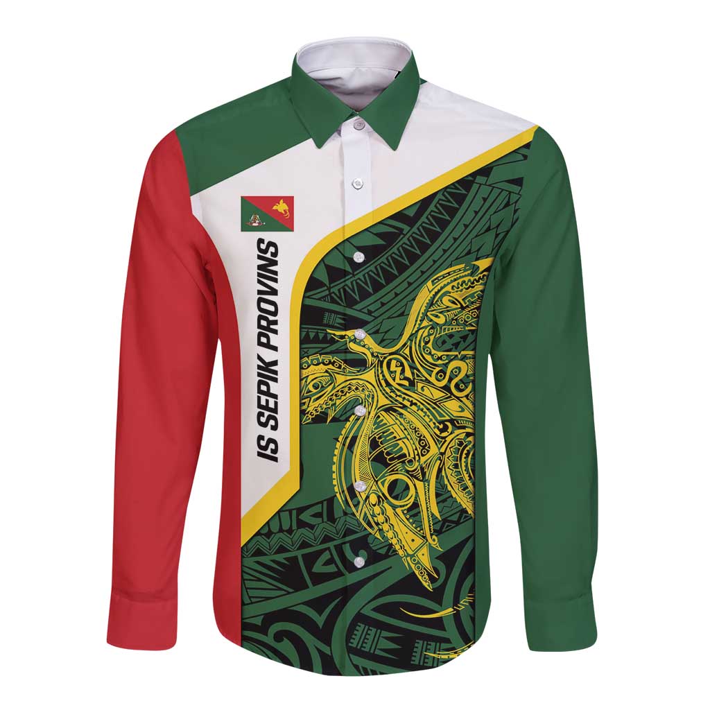 Personalised PNG East Sepik Province Long Sleeve Button Shirt Bird of Paradise Tattoo Flag Motif - Polynesian Pride