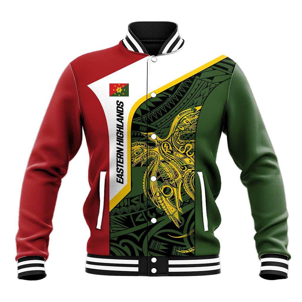 Personalised PNG Eastern Highlands Baseball Jacket Bird of Paradise Tattoo Flag Motif - Polynesian Pride