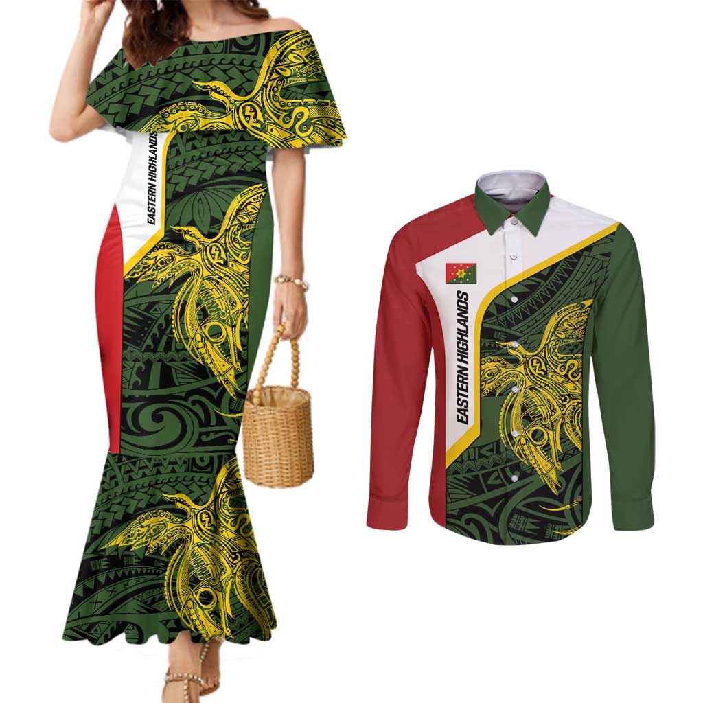 Personalised PNG Eastern Highlands Couples Matching Mermaid Dress and Long Sleeve Button Shirt Bird of Paradise Tattoo Flag Motif - Polynesian Pride