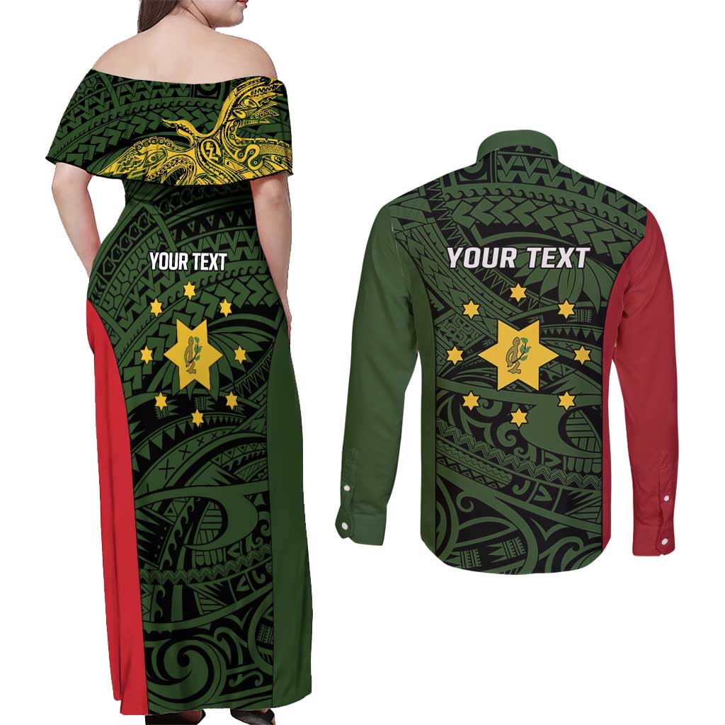 Personalised PNG Eastern Highlands Couples Matching Off Shoulder Maxi Dress and Long Sleeve Button Shirt Bird of Paradise Tattoo Flag Motif - Polynesian Pride