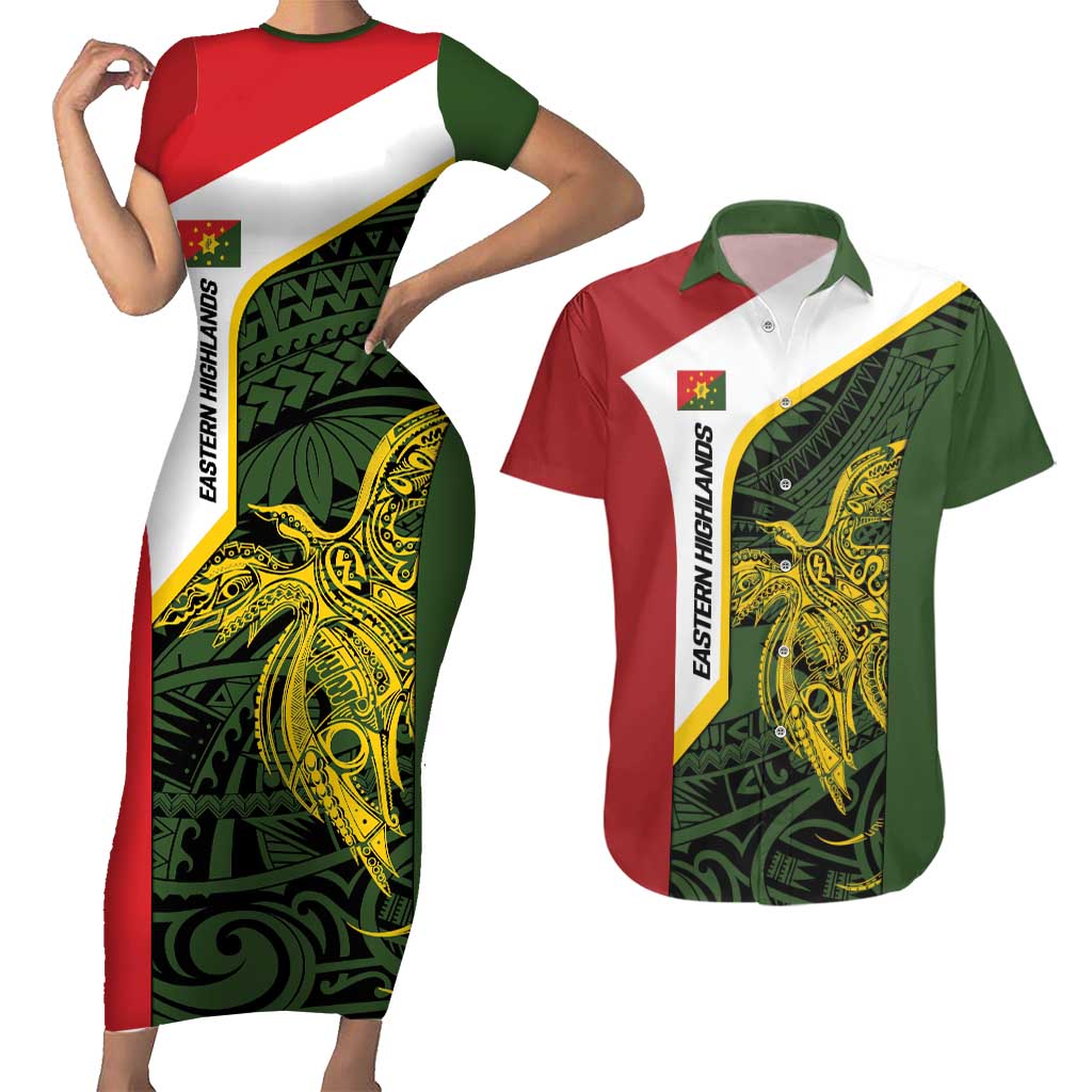 Personalised PNG Eastern Highlands Couples Matching Short Sleeve Bodycon Dress and Hawaiian Shirt Bird of Paradise Tattoo Flag Motif - Polynesian Pride