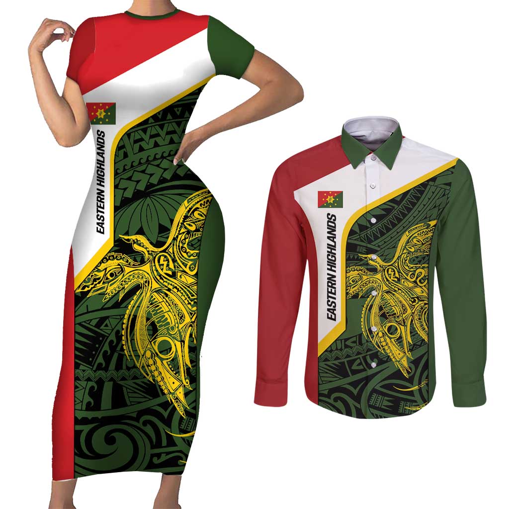 Personalised PNG Eastern Highlands Couples Matching Short Sleeve Bodycon Dress and Long Sleeve Button Shirt Bird of Paradise Tattoo Flag Motif - Polynesian Pride