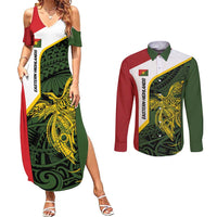 Personalised PNG Eastern Highlands Couples Matching Summer Maxi Dress and Long Sleeve Button Shirt Bird of Paradise Tattoo Flag Motif - Polynesian Pride