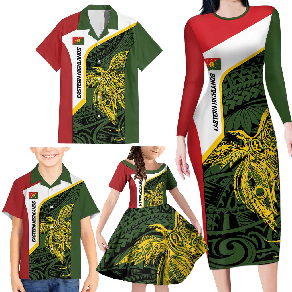 Personalised PNG Eastern Highlands Family Matching Long Sleeve Bodycon Dress and Hawaiian Shirt Bird of Paradise Tattoo Flag Motif - Polynesian Pride