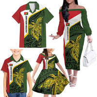 Personalised PNG Eastern Highlands Family Matching Off The Shoulder Long Sleeve Dress and Hawaiian Shirt Bird of Paradise Tattoo Flag Motif - Polynesian Pride