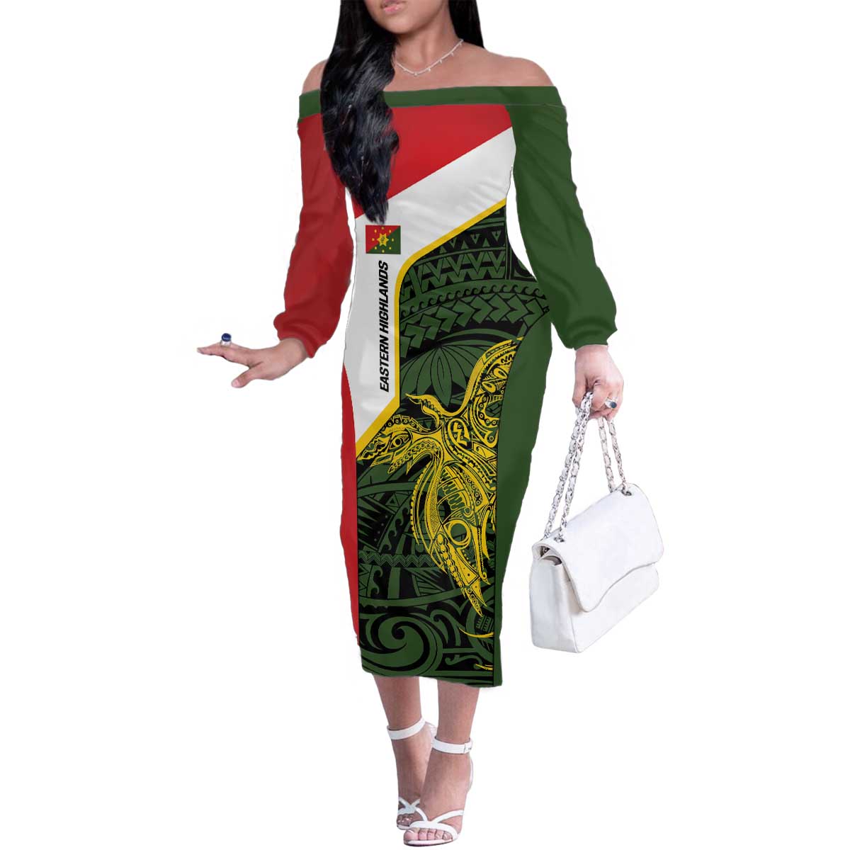 Personalised PNG Eastern Highlands Family Matching Off The Shoulder Long Sleeve Dress and Hawaiian Shirt Bird of Paradise Tattoo Flag Motif - Polynesian Pride