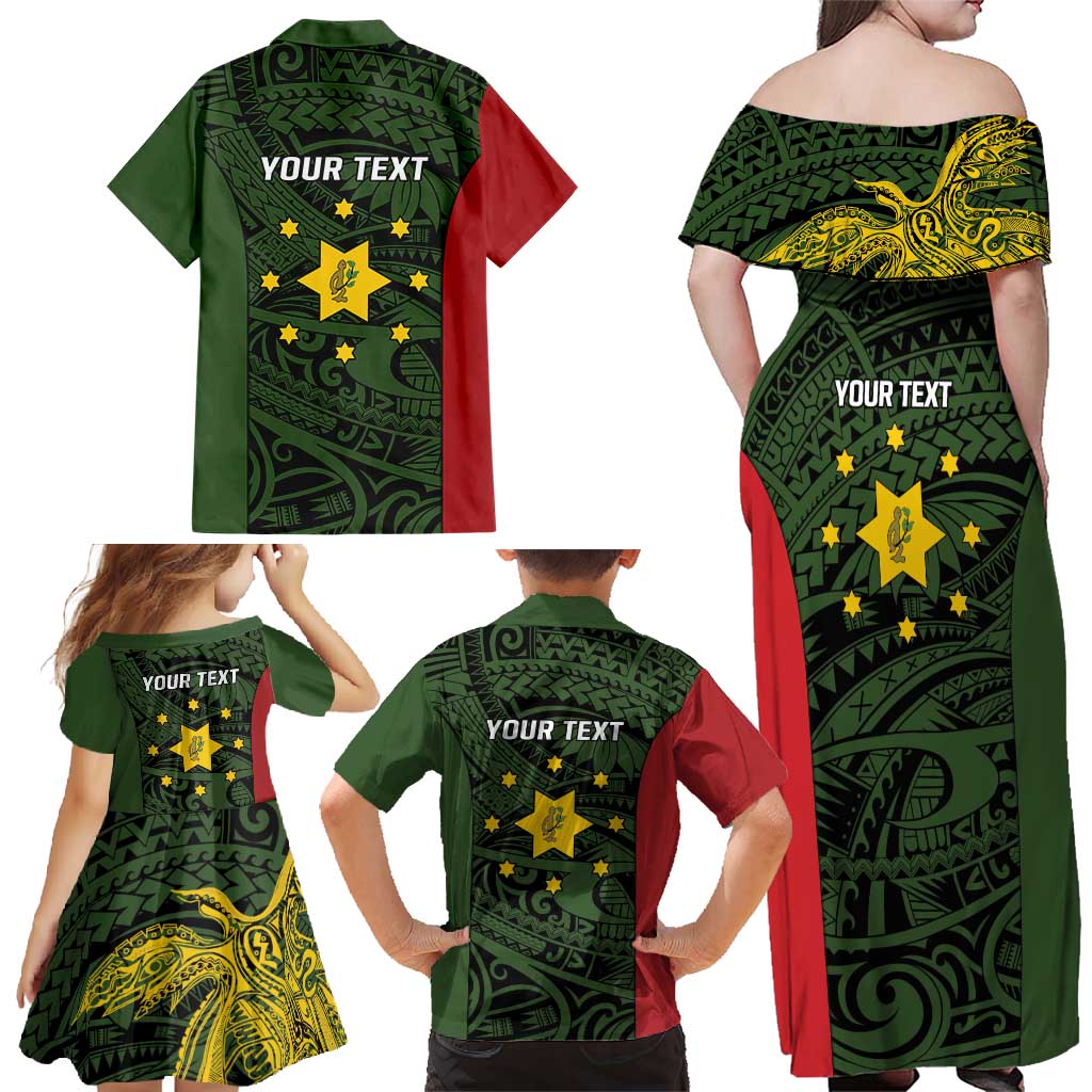Personalised PNG Eastern Highlands Family Matching Off Shoulder Maxi Dress and Hawaiian Shirt Bird of Paradise Tattoo Flag Motif - Polynesian Pride
