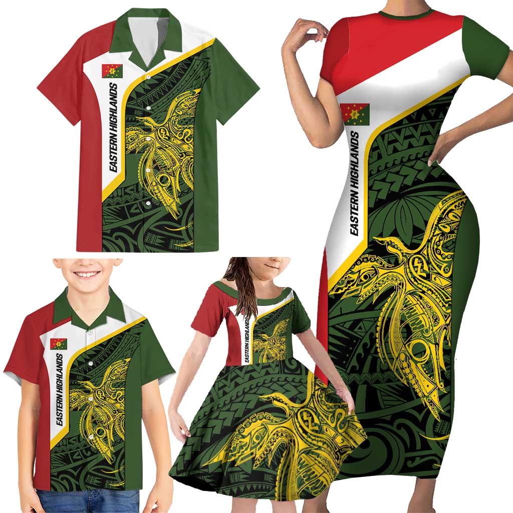 Personalised PNG Eastern Highlands Family Matching Short Sleeve Bodycon Dress and Hawaiian Shirt Bird of Paradise Tattoo Flag Motif - Polynesian Pride