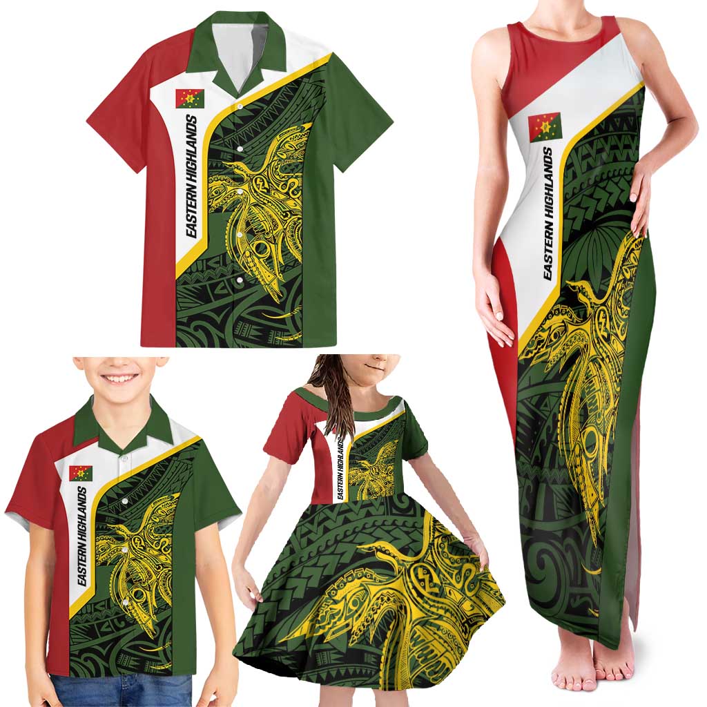 Personalised PNG Eastern Highlands Family Matching Tank Maxi Dress and Hawaiian Shirt Bird of Paradise Tattoo Flag Motif - Polynesian Pride