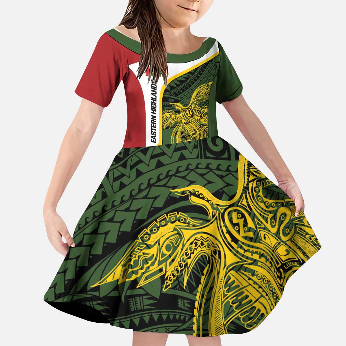 Personalised PNG Eastern Highlands Kid Short Sleeve Dress Bird of Paradise Tattoo Flag Motif - Polynesian Pride