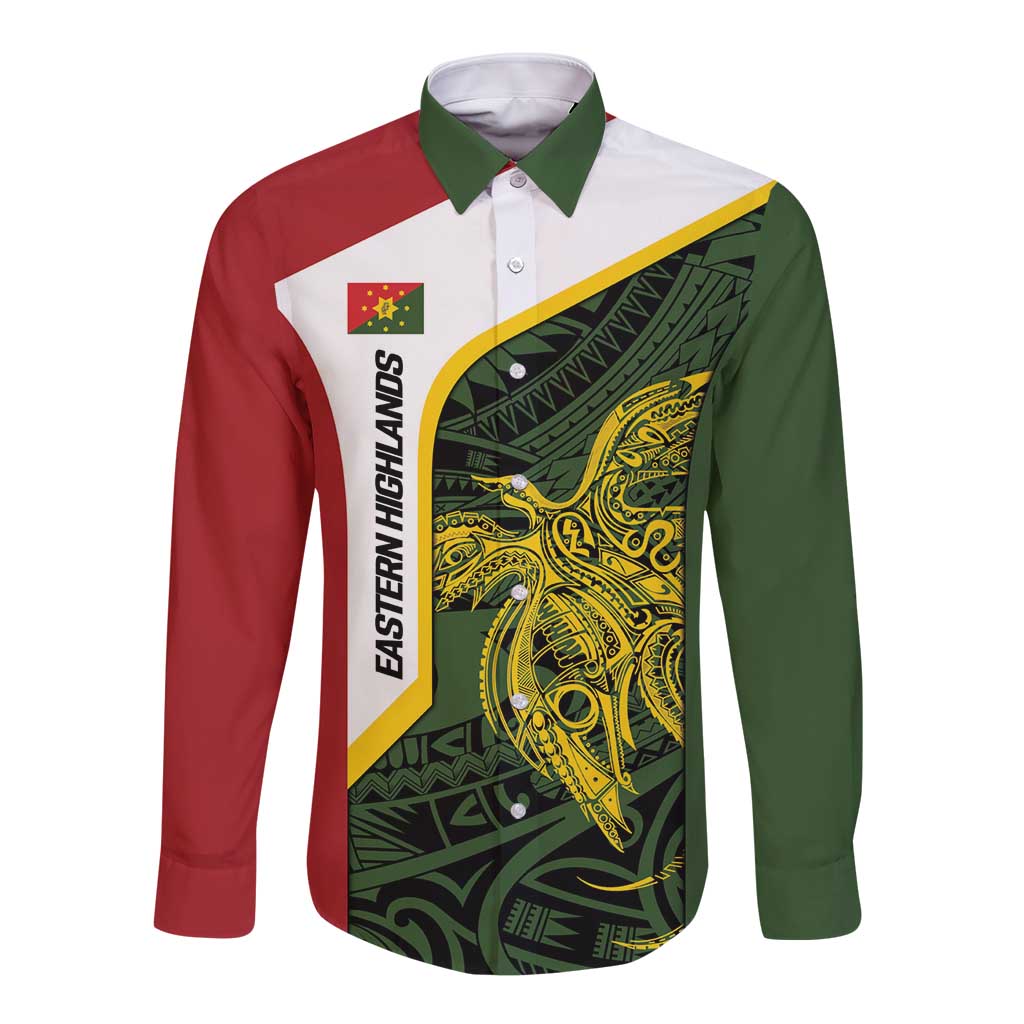 Personalised PNG Eastern Highlands Long Sleeve Button Shirt Bird of Paradise Tattoo Flag Motif - Polynesian Pride