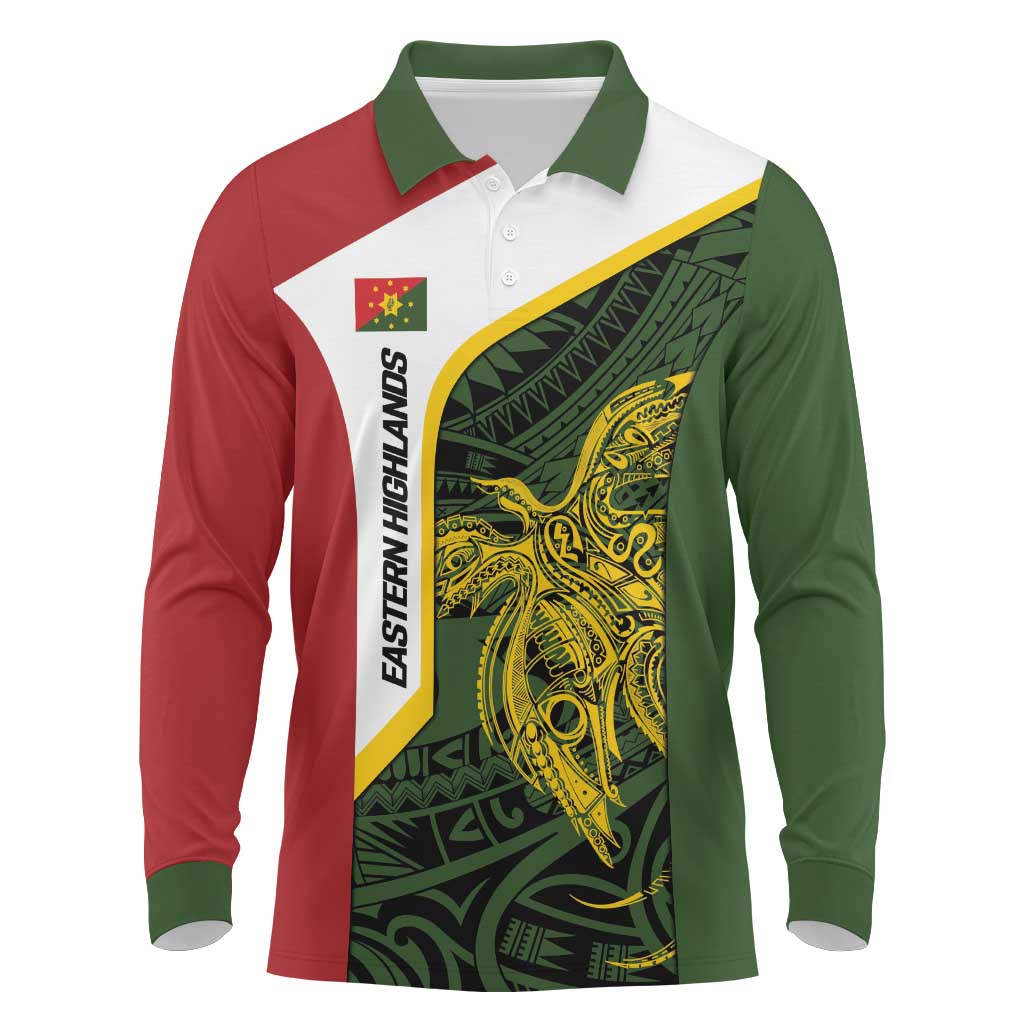 Personalised PNG Eastern Highlands Long Sleeve Polo Shirt Bird of Paradise Tattoo Flag Motif - Polynesian Pride