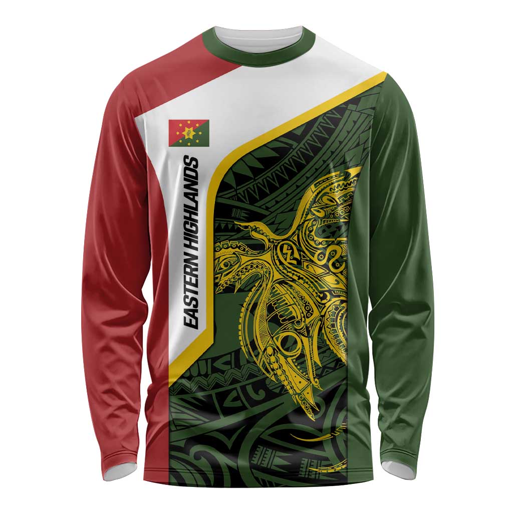 Personalised PNG Eastern Highlands Long Sleeve Shirt Bird of Paradise Tattoo Flag Motif - Polynesian Pride