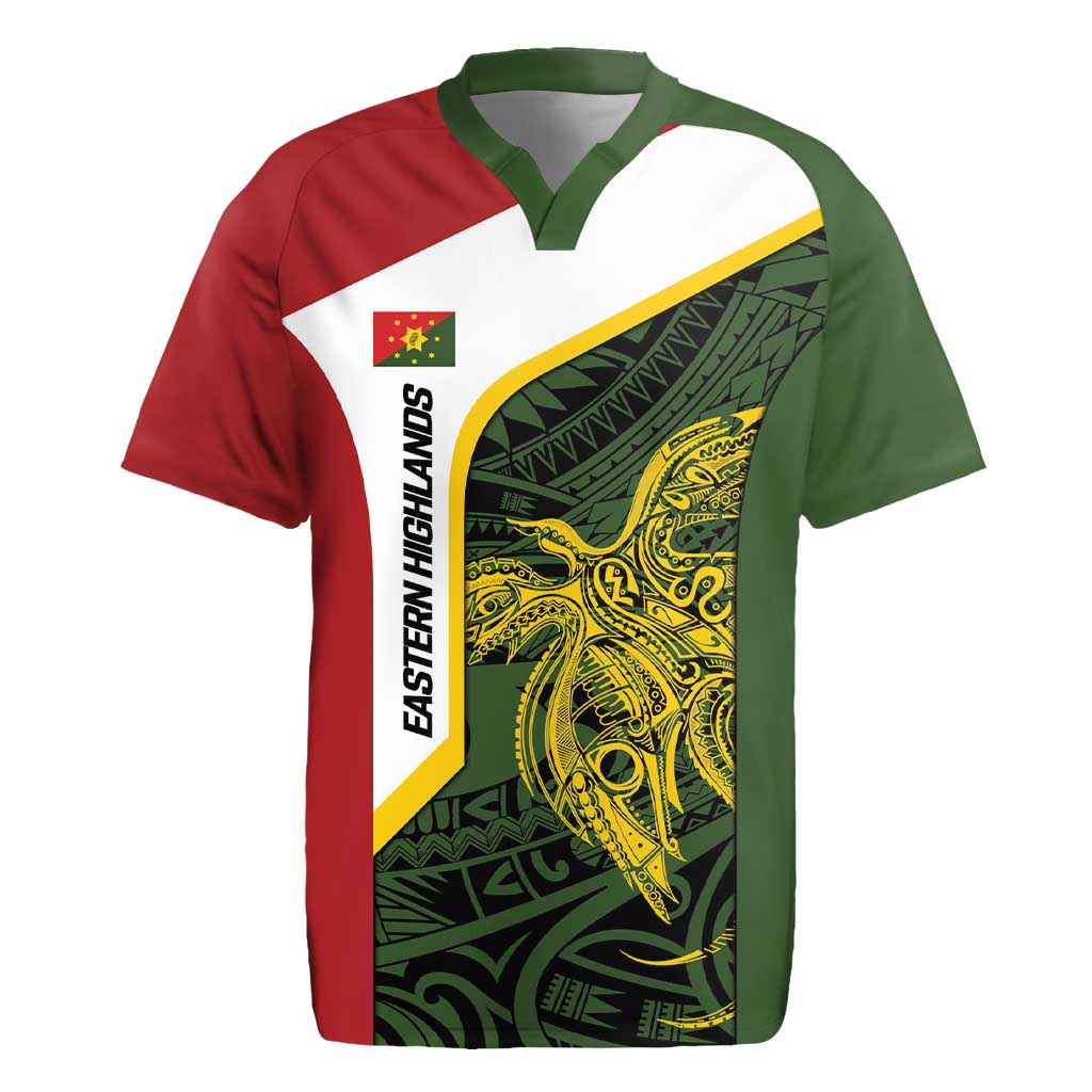 Personalised PNG Eastern Highlands Rugby Jersey Bird of Paradise Tattoo Flag Motif - Polynesian Pride