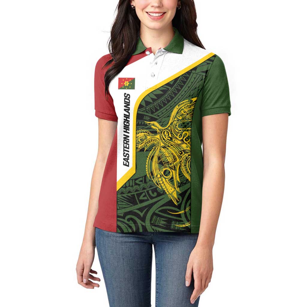 Personalised PNG Eastern Highlands Women Polo Shirt Bird of Paradise Tattoo Flag Motif - Polynesian Pride