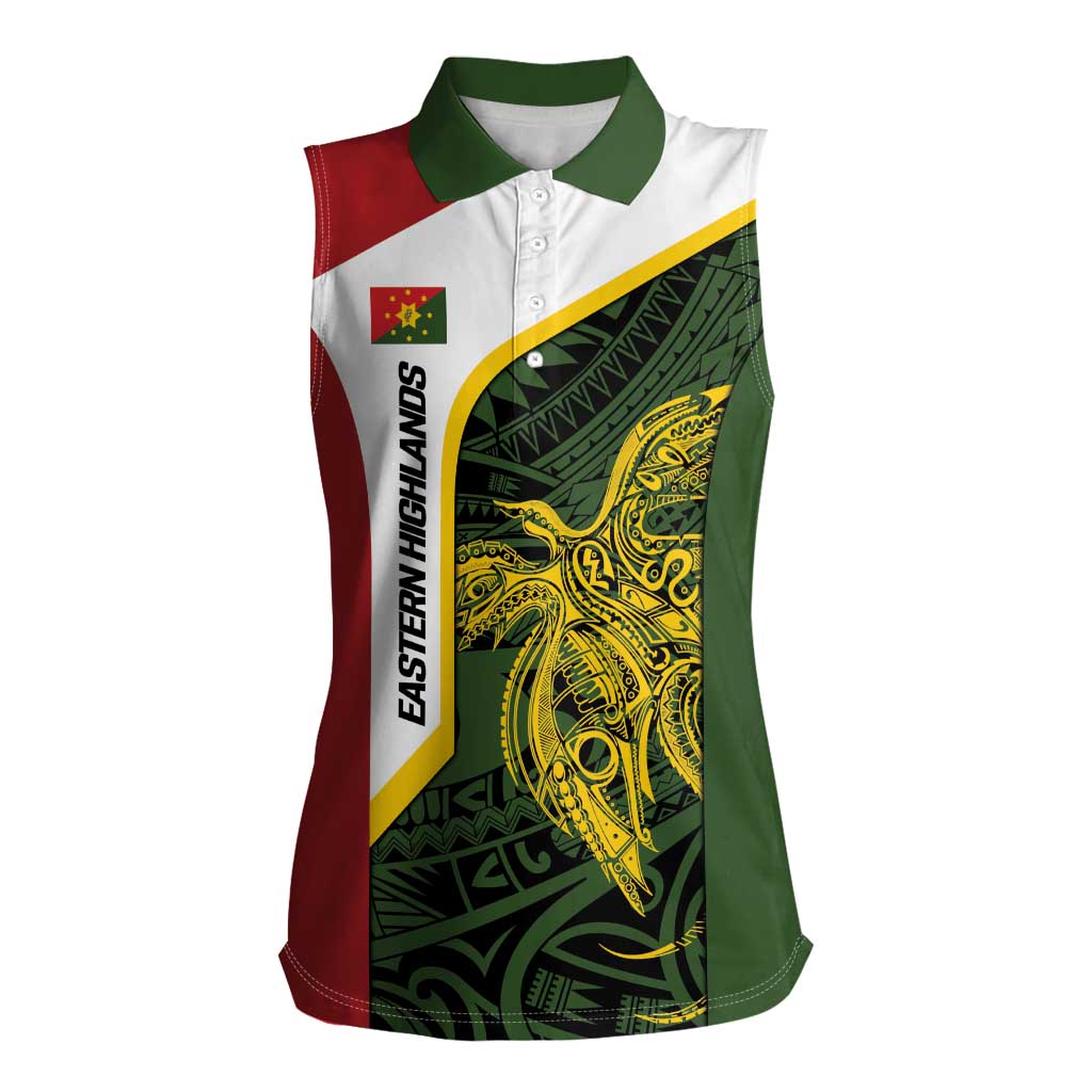 Personalised PNG Eastern Highlands Women Sleeveless Polo Shirt Bird of Paradise Tattoo Flag Motif - Polynesian Pride