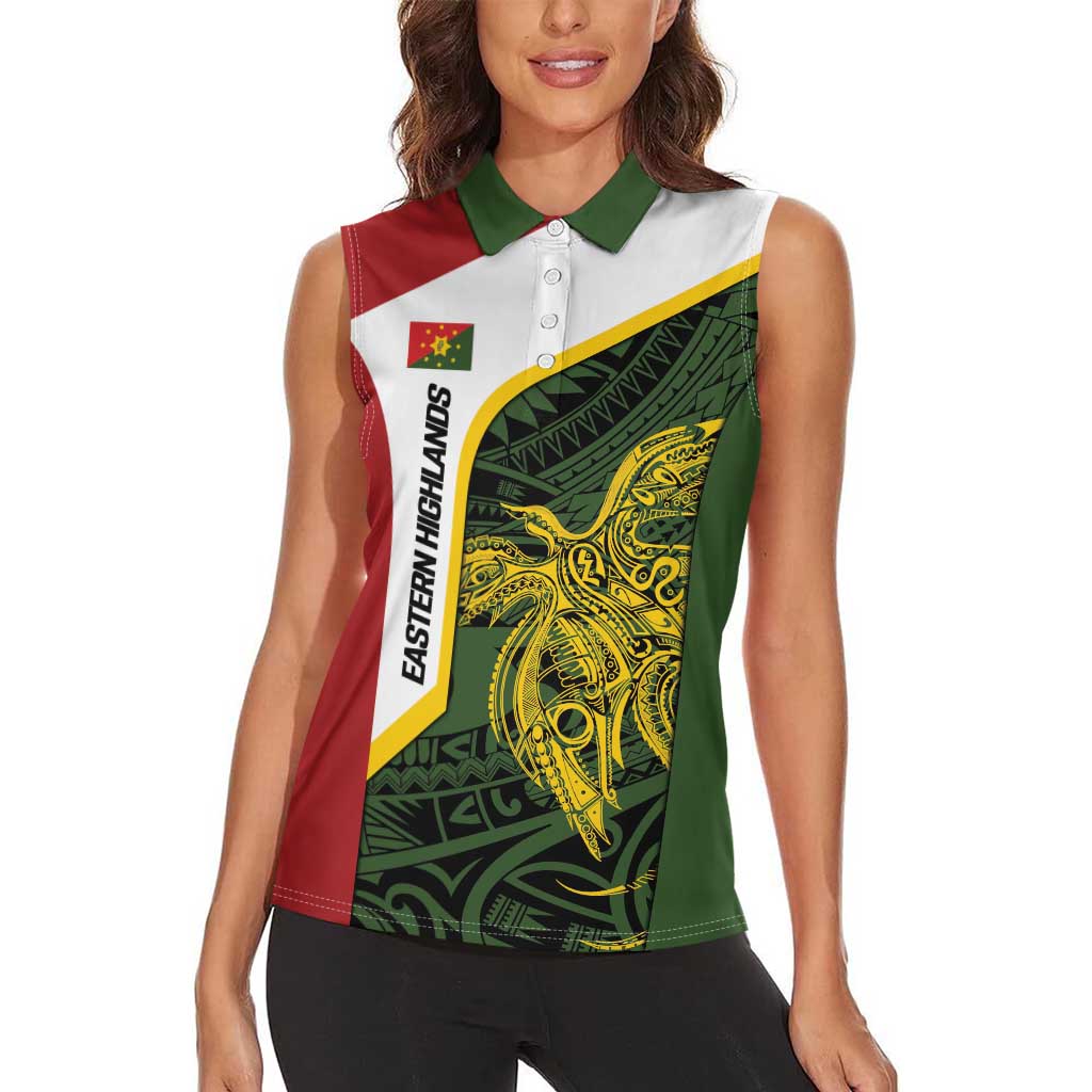 Personalised PNG Eastern Highlands Women Sleeveless Polo Shirt Bird of Paradise Tattoo Flag Motif - Polynesian Pride