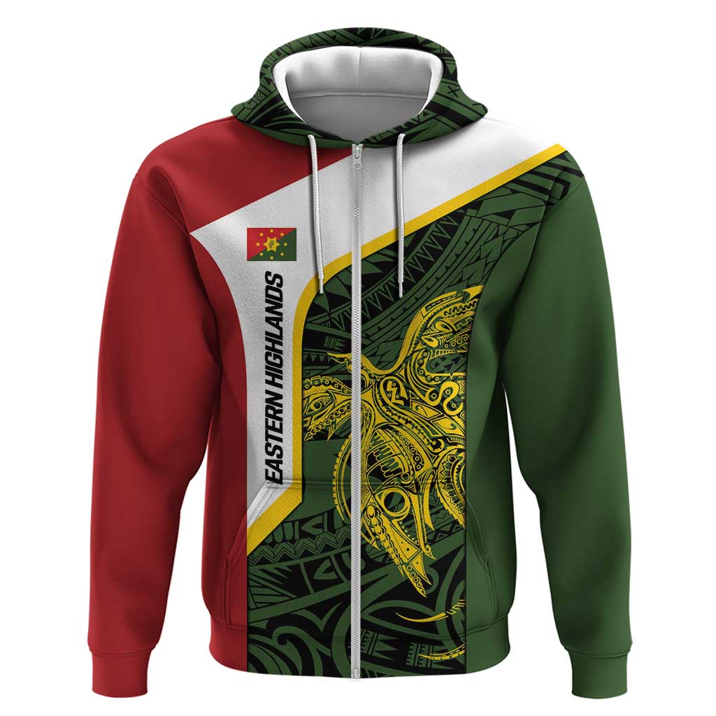 Personalised PNG Eastern Highlands Zip Hoodie Bird of Paradise Tattoo Flag Motif LT9 Zip Hoodie Green - Polynesian Pride