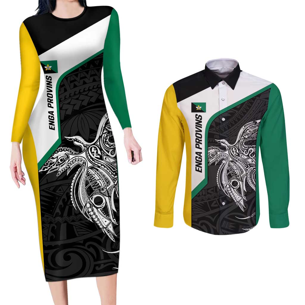 Personalised PNG Enga Province Couples Matching Long Sleeve Bodycon Dress and Long Sleeve Button Shirt Bird of Paradise Tattoo Flag Motif - Polynesian Pride