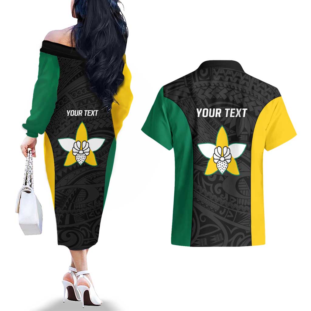 Personalised PNG Enga Province Couples Matching Off The Shoulder Long Sleeve Dress and Hawaiian Shirt Bird of Paradise Tattoo Flag Motif - Polynesian Pride