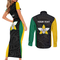 Personalised PNG Enga Province Couples Matching Short Sleeve Bodycon Dress and Long Sleeve Button Shirt Bird of Paradise Tattoo Flag Motif - Polynesian Pride