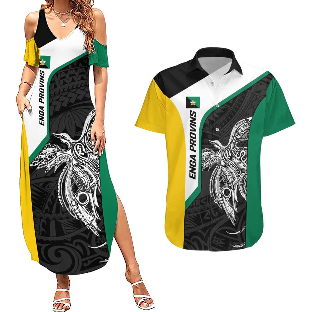 Personalised PNG Enga Province Couples Matching Summer Maxi Dress and Hawaiian Shirt Bird of Paradise Tattoo Flag Motif - Polynesian Pride