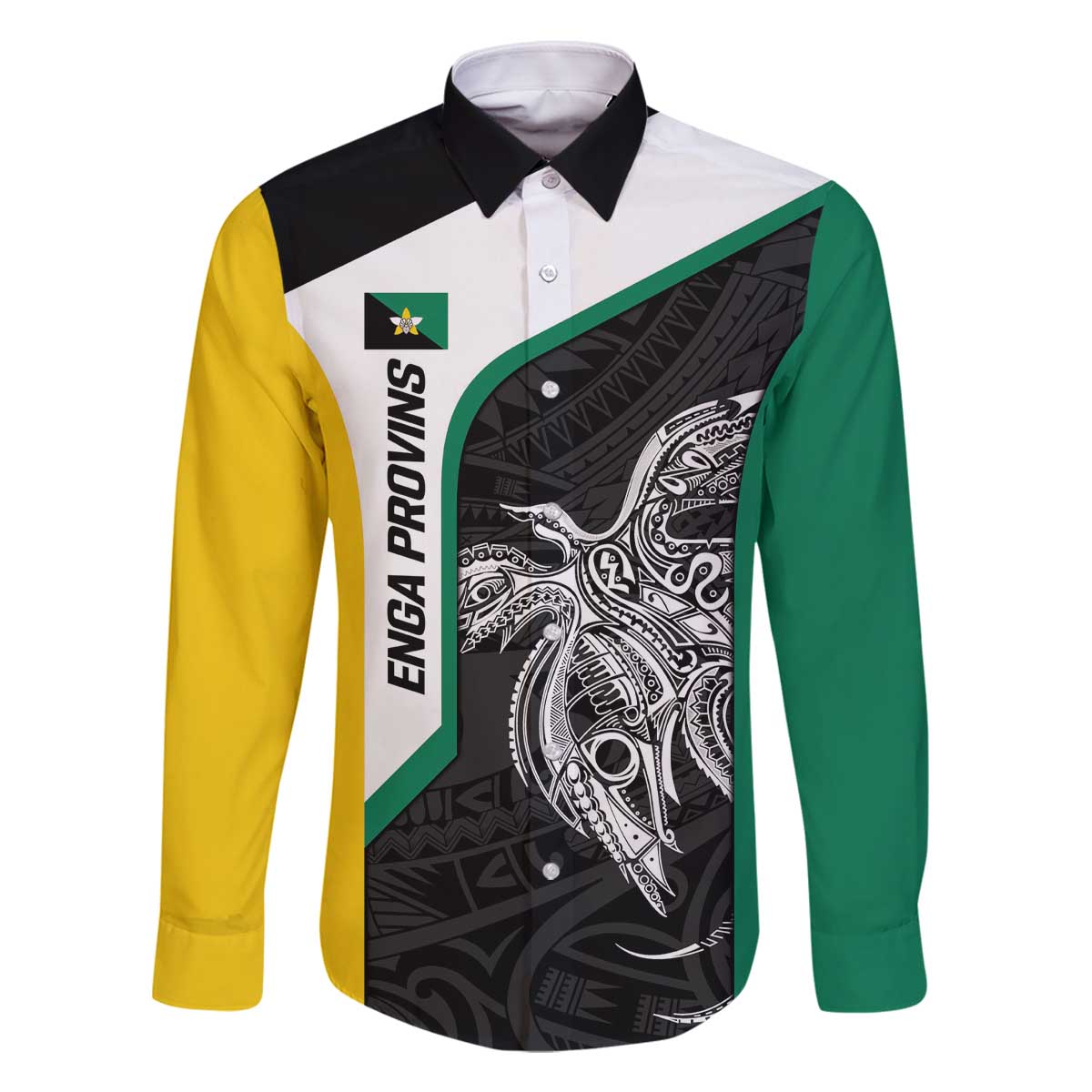 Personalised PNG Enga Province Family Matching Off The Shoulder Long Sleeve Dress and Hawaiian Shirt Bird of Paradise Tattoo Flag Motif - Polynesian Pride