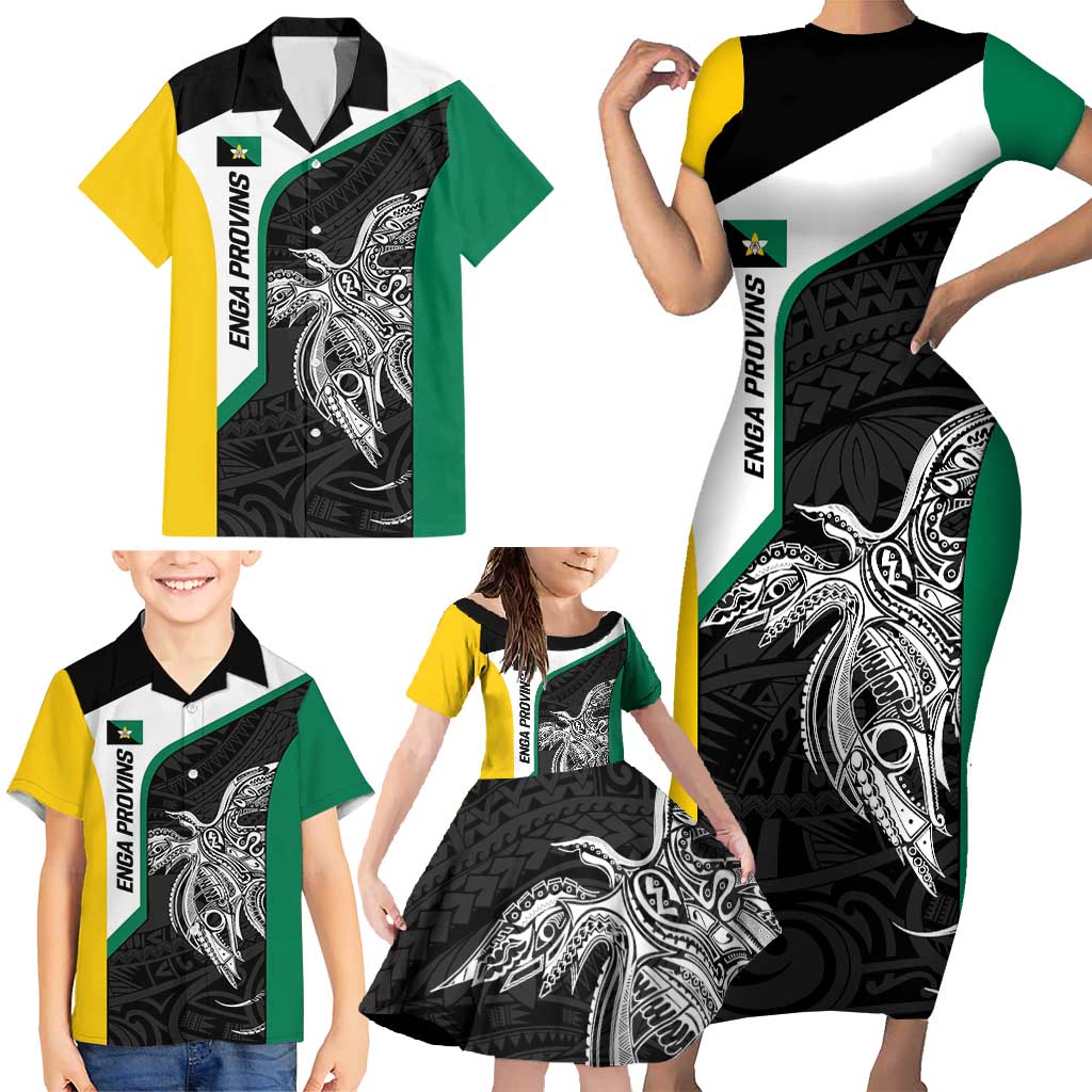 Personalised PNG Enga Province Family Matching Short Sleeve Bodycon Dress and Hawaiian Shirt Bird of Paradise Tattoo Flag Motif - Polynesian Pride