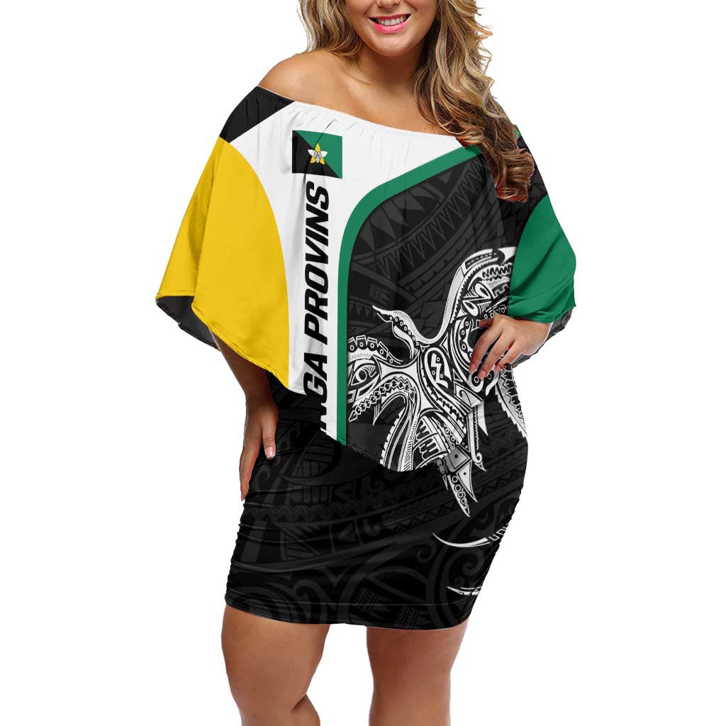 Personalised PNG Enga Province Off Shoulder Short Dress Bird of Paradise Tattoo Flag Motif - Polynesian Pride