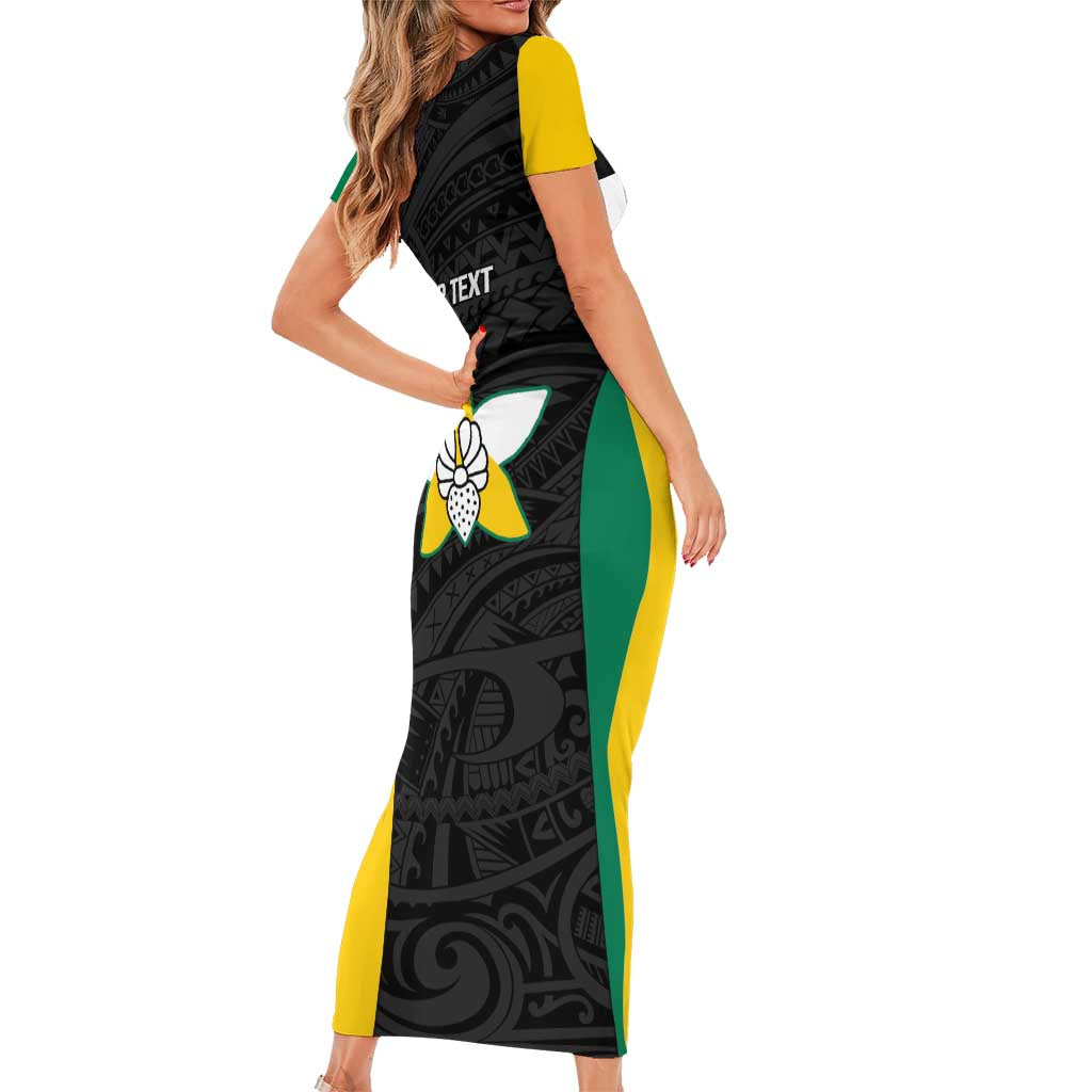 Personalised PNG Enga Province Short Sleeve Bodycon Dress Bird of Paradise Tattoo Flag Motif LT9 - Polynesian Pride