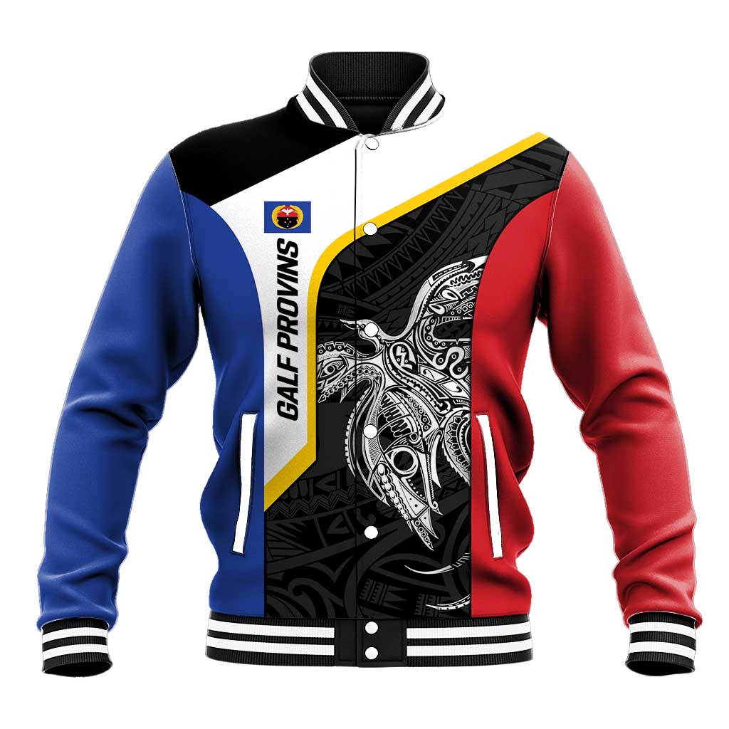 Personalised PNG Gulf Province Baseball Jacket Bird of Paradise Tattoo Flag Motif - Polynesian Pride