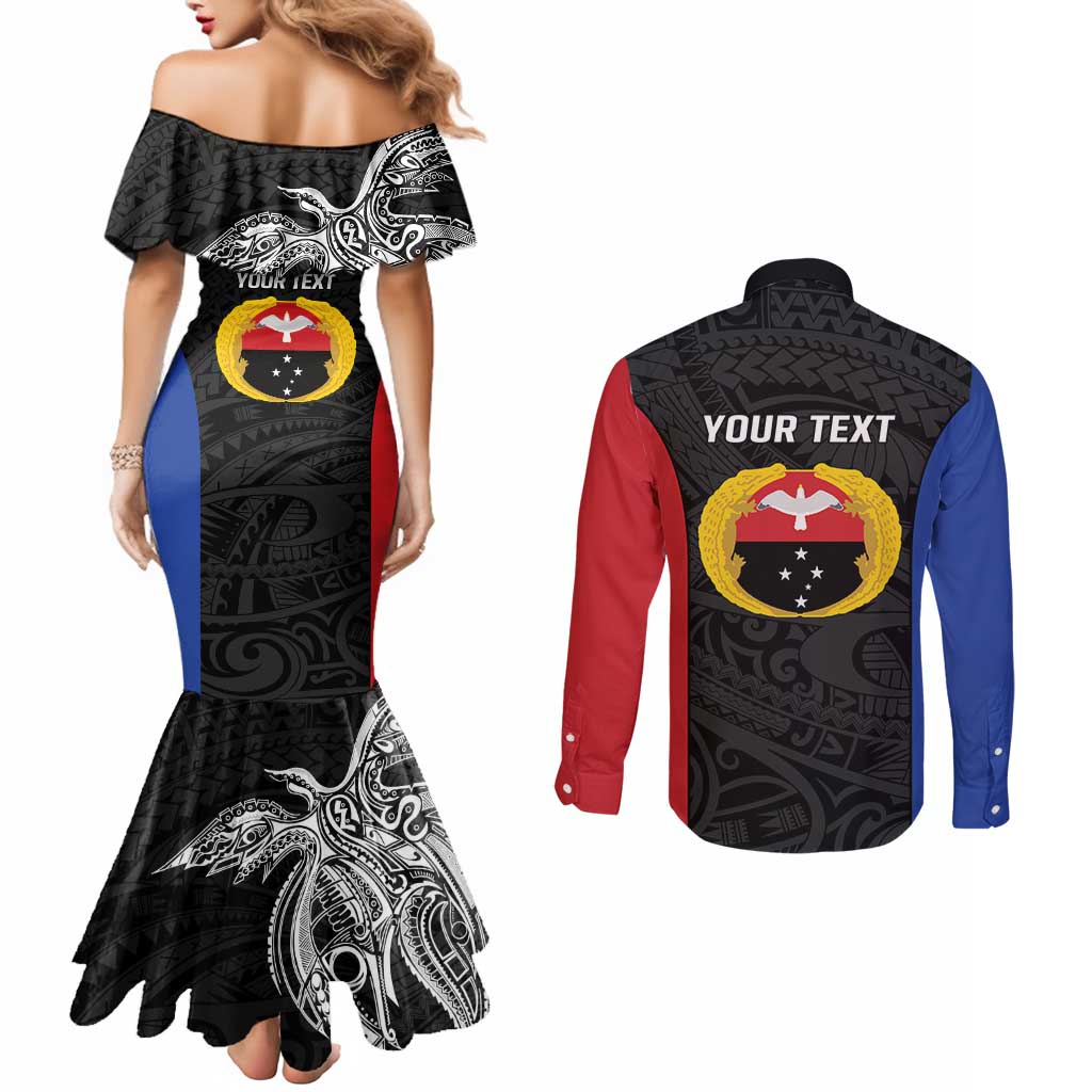 Personalised PNG Gulf Province Couples Matching Mermaid Dress and Long Sleeve Button Shirt Bird of Paradise Tattoo Flag Motif - Polynesian Pride
