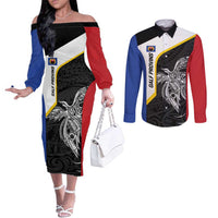 Personalised PNG Gulf Province Couples Matching Off The Shoulder Long Sleeve Dress and Long Sleeve Button Shirt Bird of Paradise Tattoo Flag Motif - Polynesian Pride