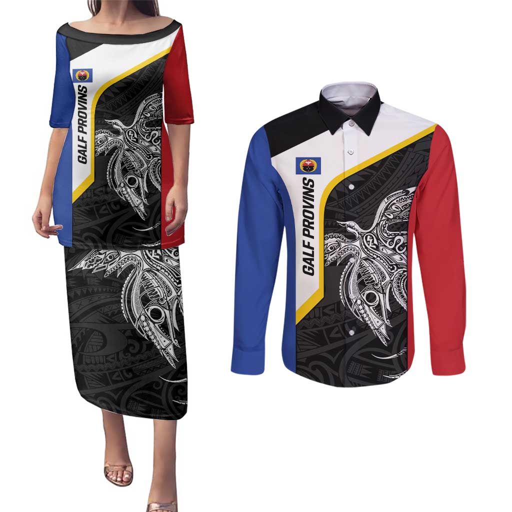 Personalised PNG Gulf Province Couples Matching Puletasi and Long Sleeve Button Shirt Bird of Paradise Tattoo Flag Motif - Polynesian Pride