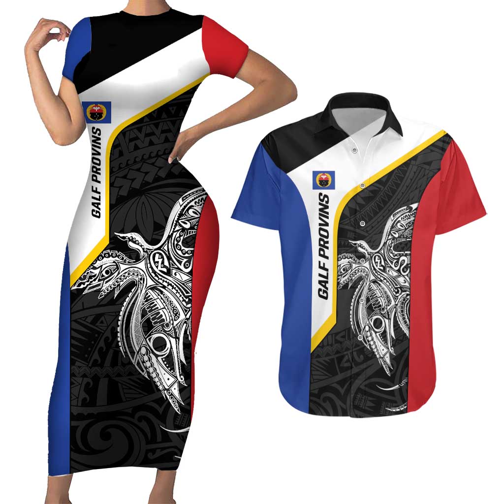 Personalised PNG Gulf Province Couples Matching Short Sleeve Bodycon Dress and Hawaiian Shirt Bird of Paradise Tattoo Flag Motif - Polynesian Pride