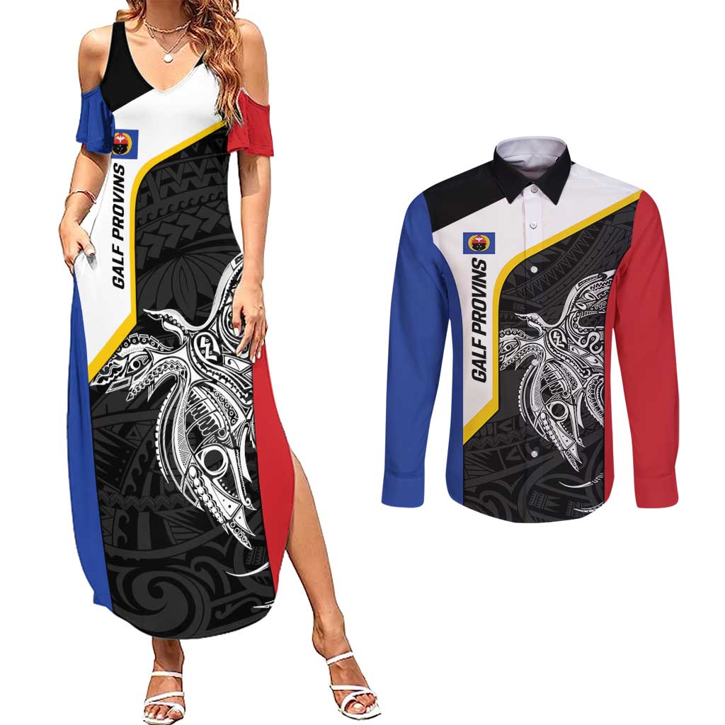 Personalised PNG Gulf Province Couples Matching Summer Maxi Dress and Long Sleeve Button Shirt Bird of Paradise Tattoo Flag Motif - Polynesian Pride
